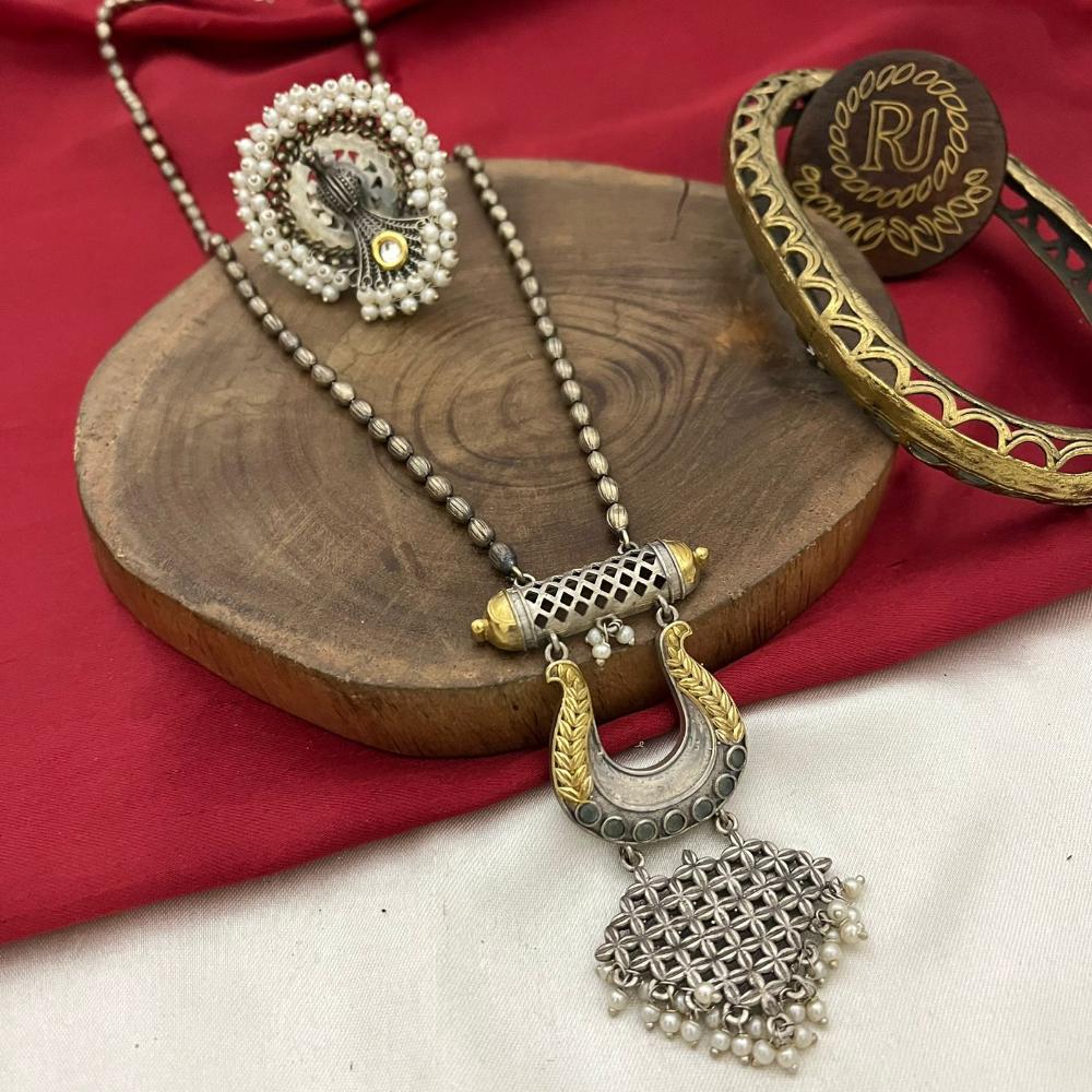 FS Collection 2 Tone Plated Pota Stone And Pearl Long Necklace