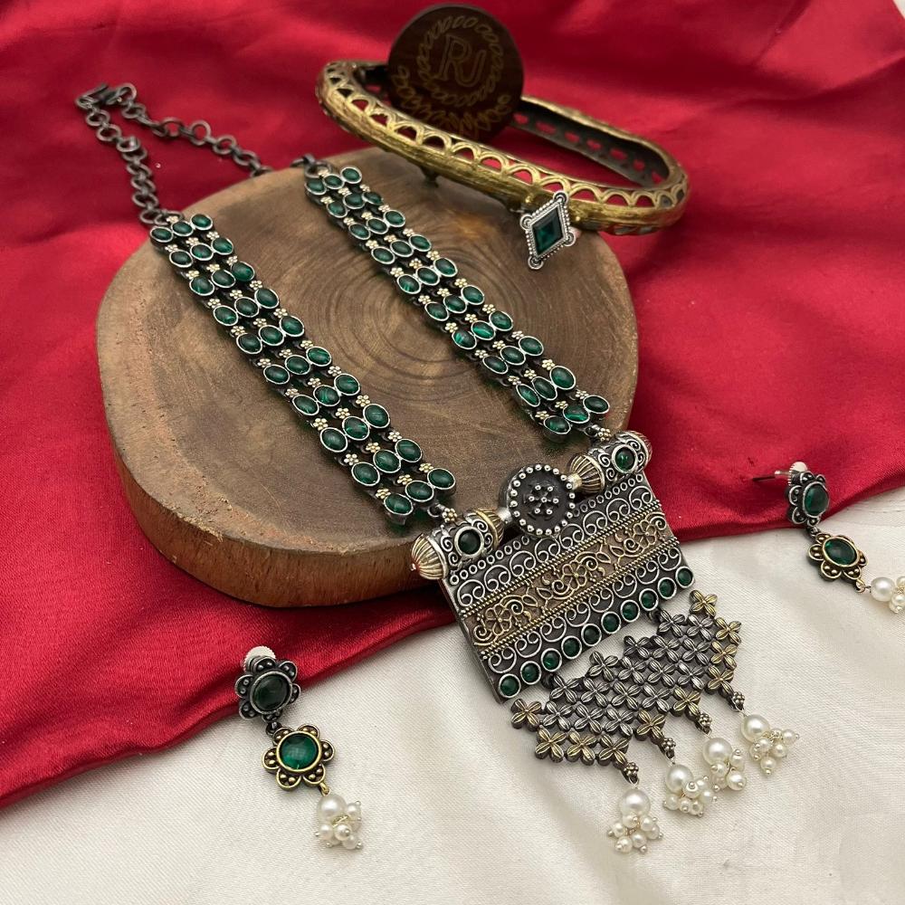 FS Collection 2 Tone Plated Pota Stone And Pearl Long Necklace Set