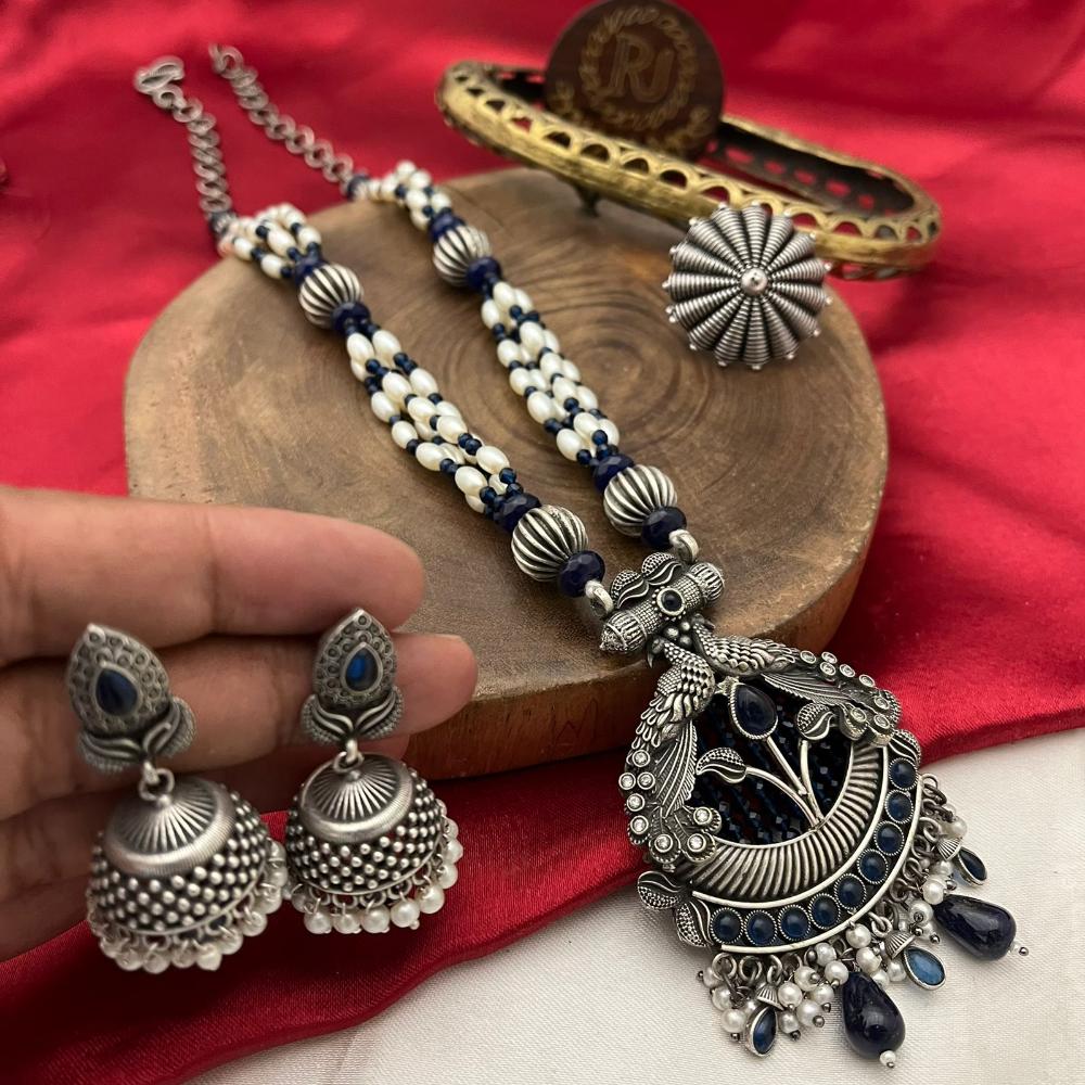 FS Collection Oxidised Finish Pota Stone And Pearls Long Necklace Set