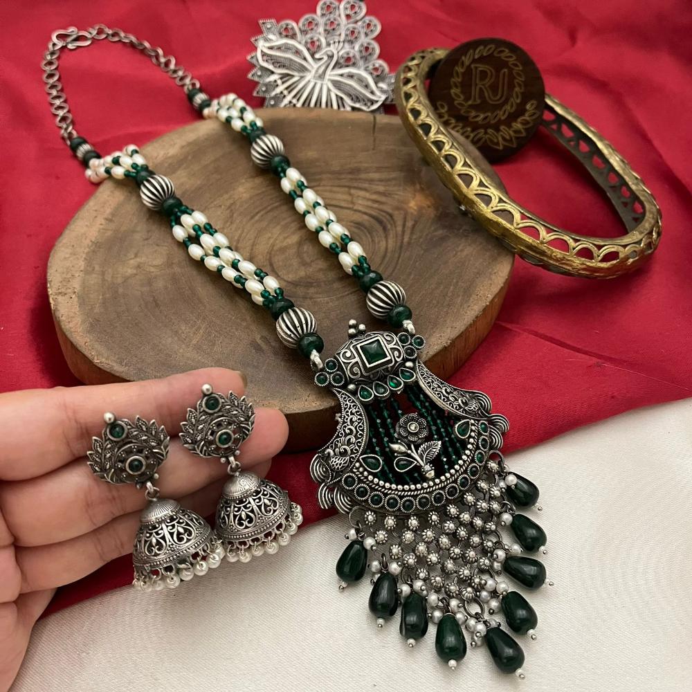FS Collection Oxidised Finish Pota Stone And Pearls Long Necklace Set