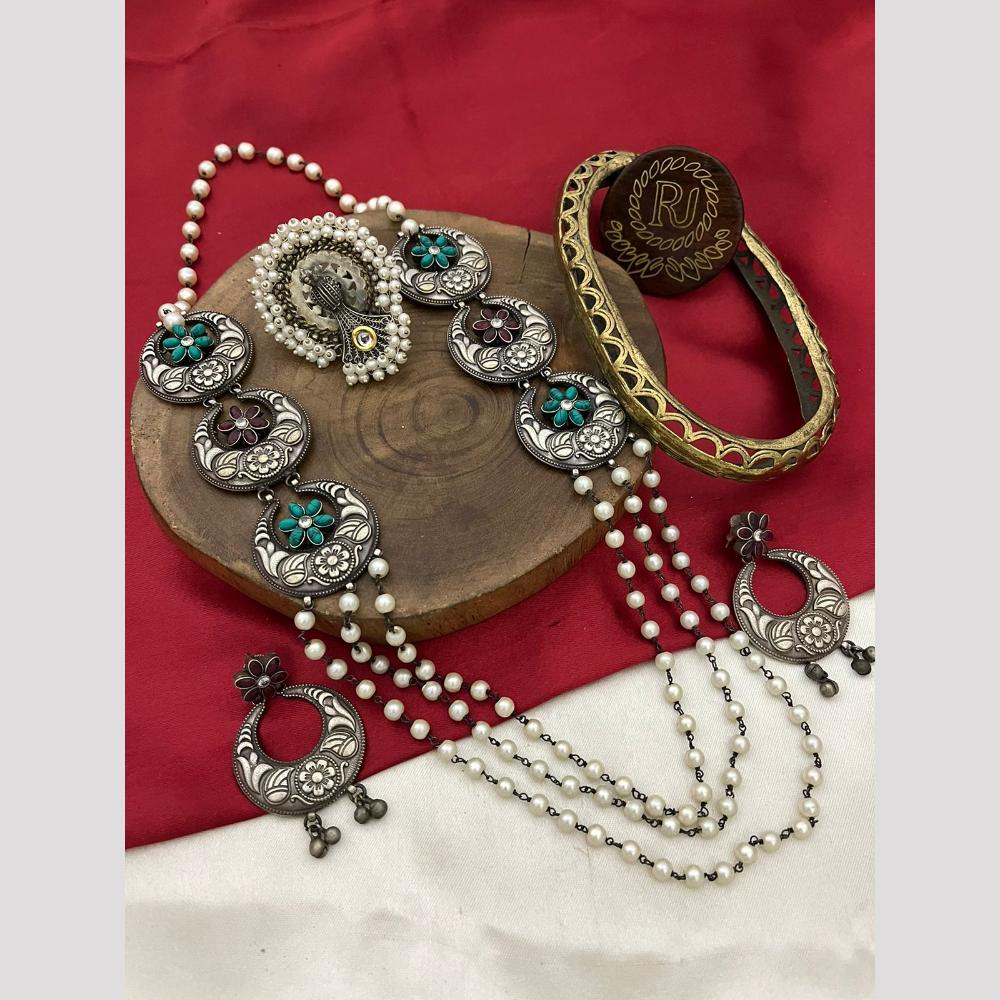 FS Collection 2 Tone Plated Pota Stone And Pearl Long Necklace Set