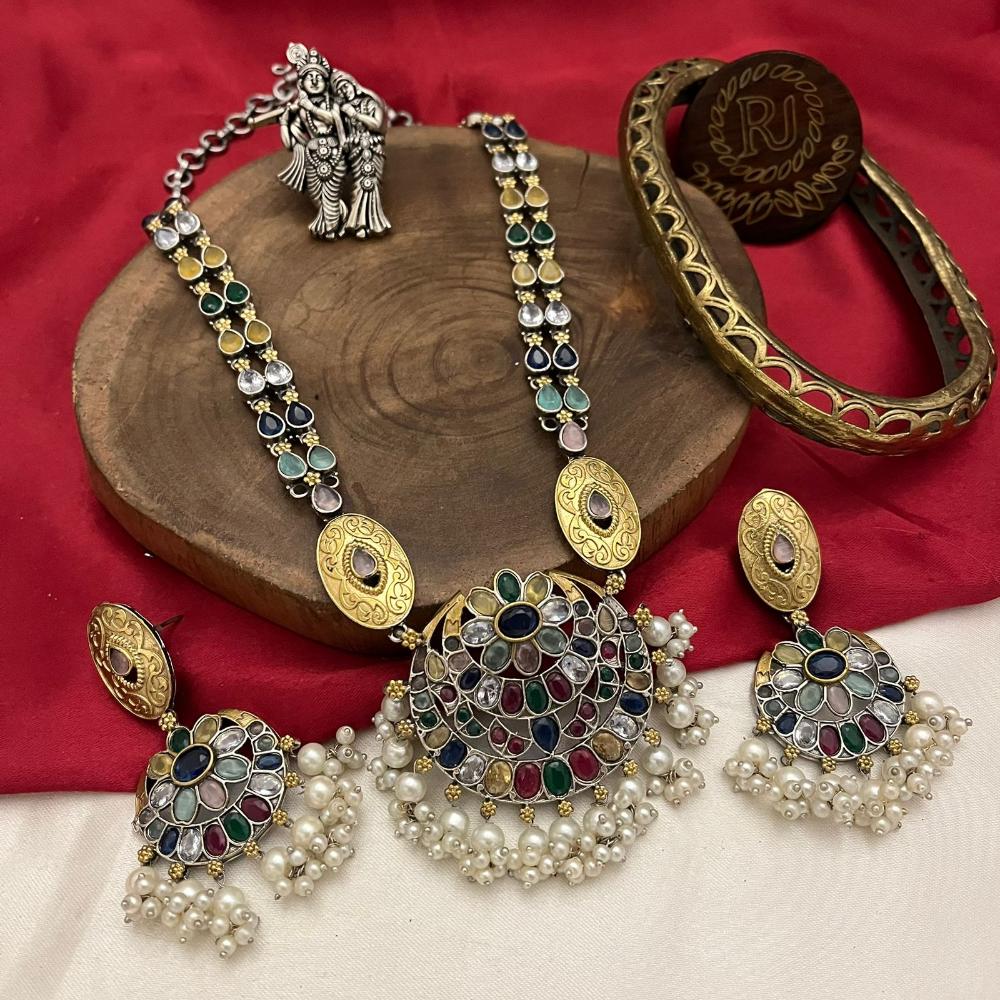 FS Collection 2 Tone Plated Pota Stone And Pearl Long Necklace Set