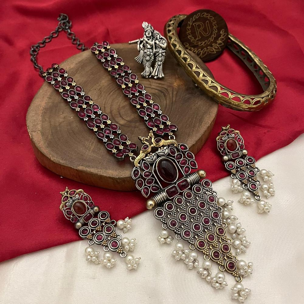 FS Collection 2 Tone Plated Pota Stone And Pearl Long Necklace Set