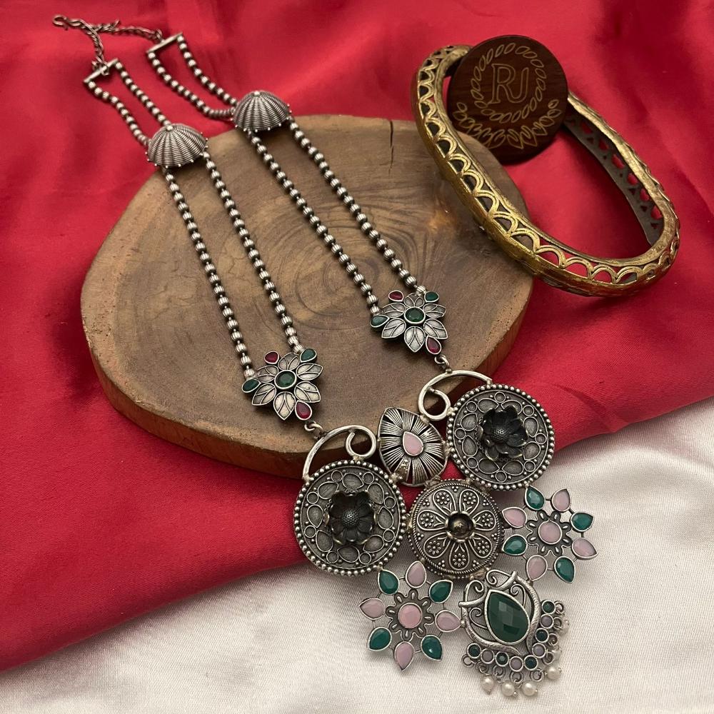FS Collection Oxidised Finish Pota Stone And Pearls Long Necklace