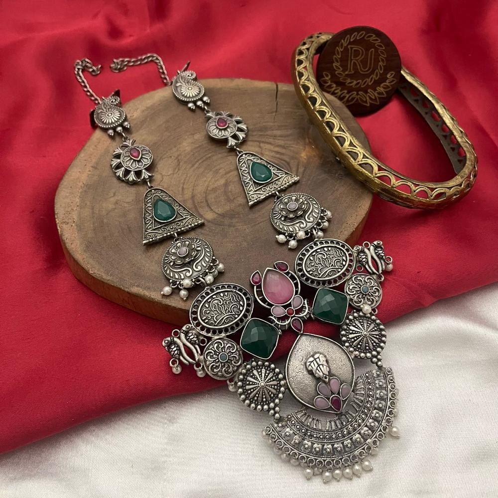 FS Collection Oxidised Finish Pota Stone And Pearls Long Necklace