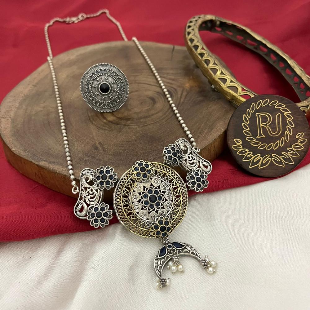 FS Collection Oxidised Plated Modern Fusion Pota And Pearl Long Necklace