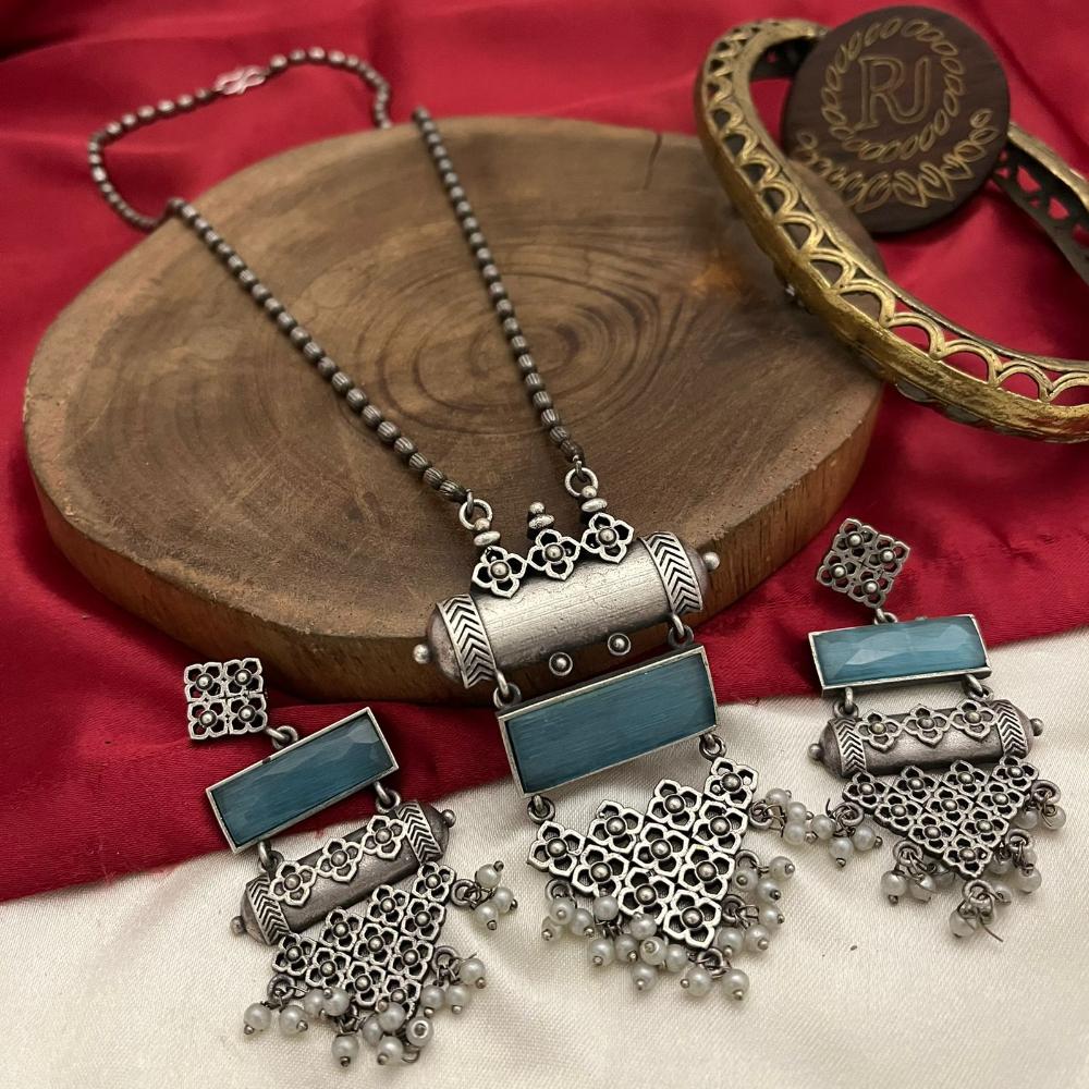 FS Collection Oxidised Plated Modern Fusion Pota And Pearl Long Necklace