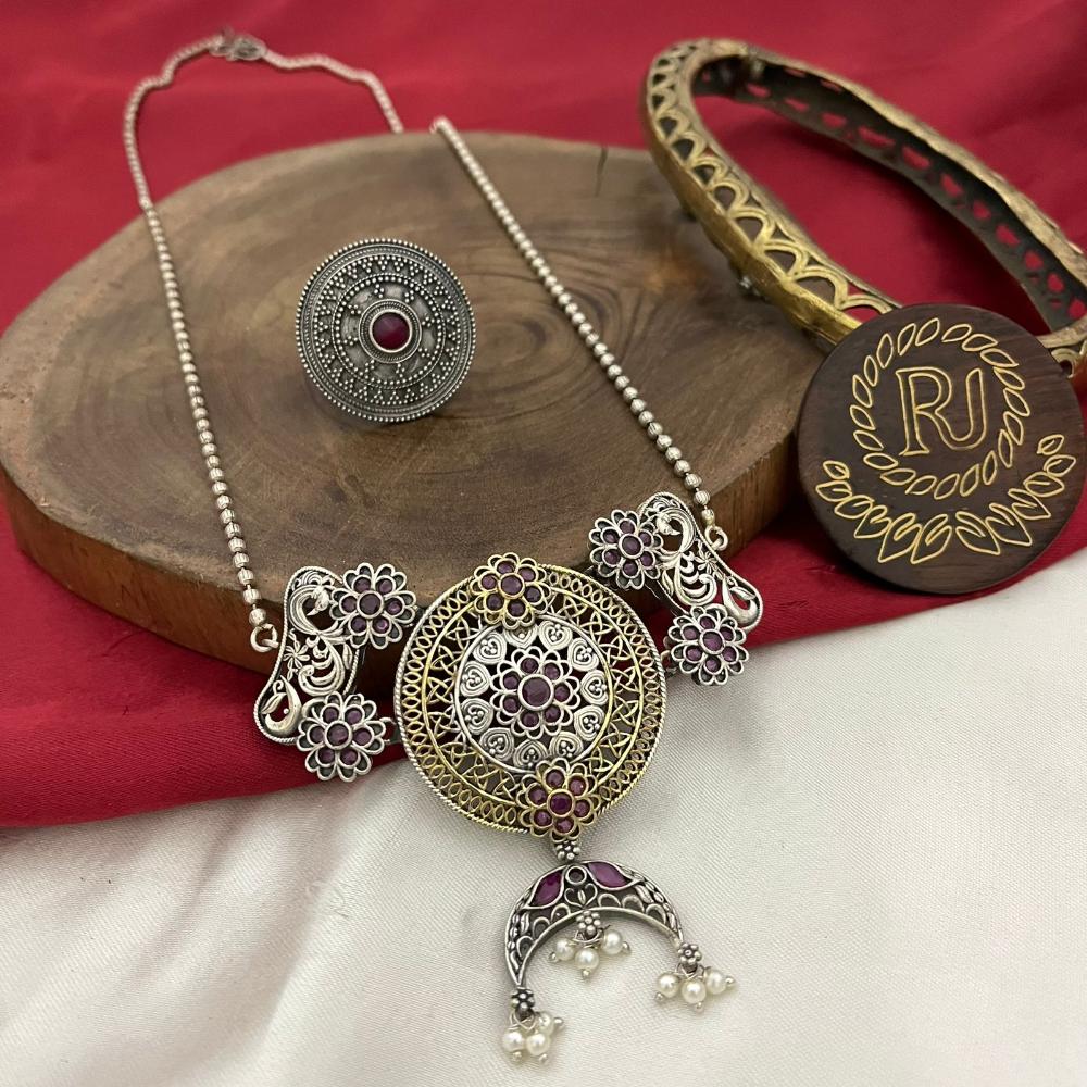 FS Collection Oxidised Plated Modern Fusion Pota And Pearl Long Necklace