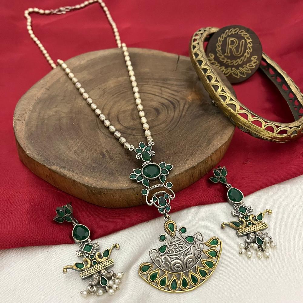 FS Collection Oxidised Plated Modern Fusion Pota And Pearl Long Necklace Set