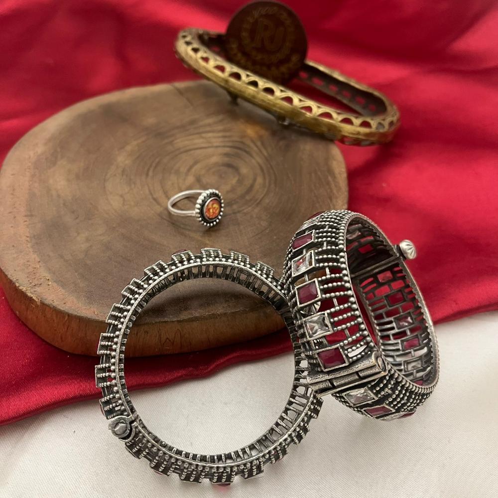 FS Collection Designer Oxidised Plated Pota Stone Openable Bangle Set