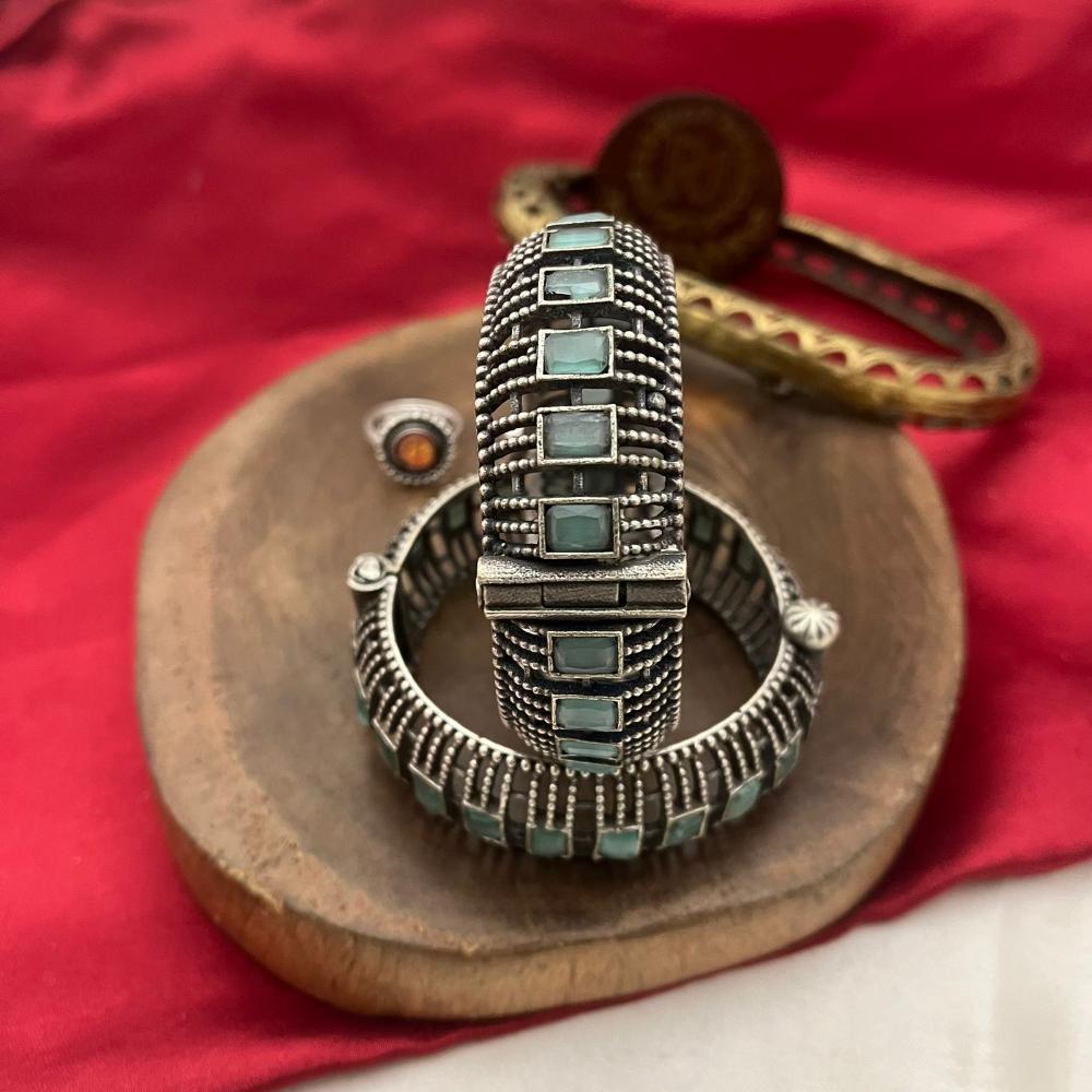 FS Collection Designer Oxidised Plated Pota Stone Openable Bangle Set