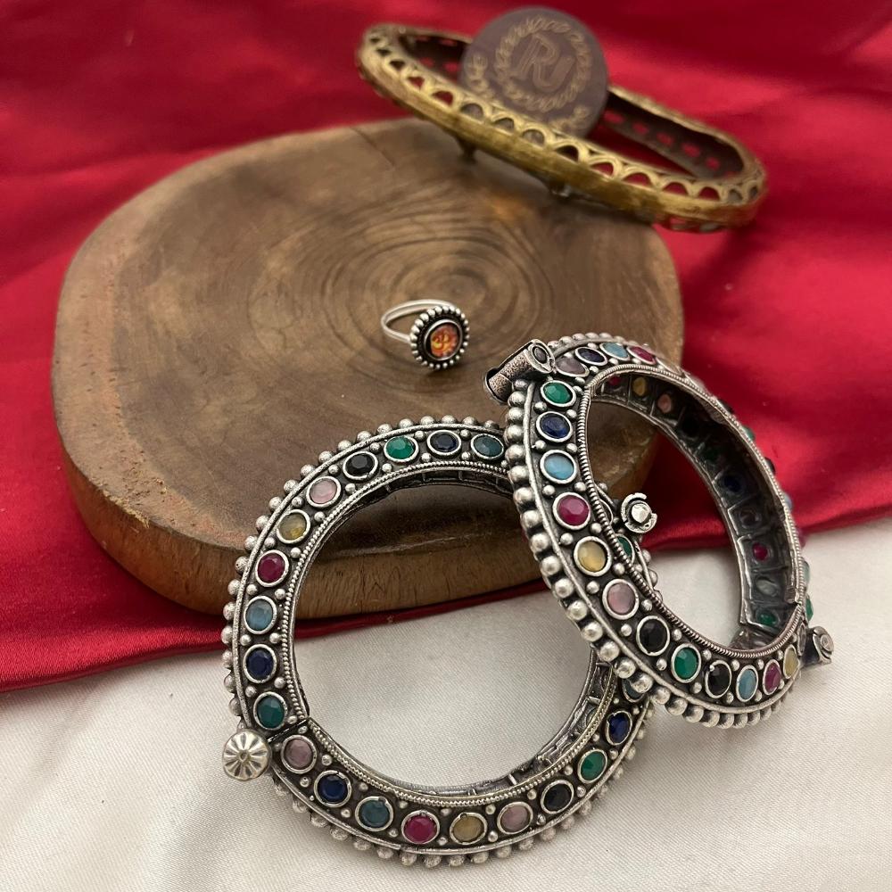 FS Collection Designer Oxidised Plated Pota Stone Openable Bangle Set
