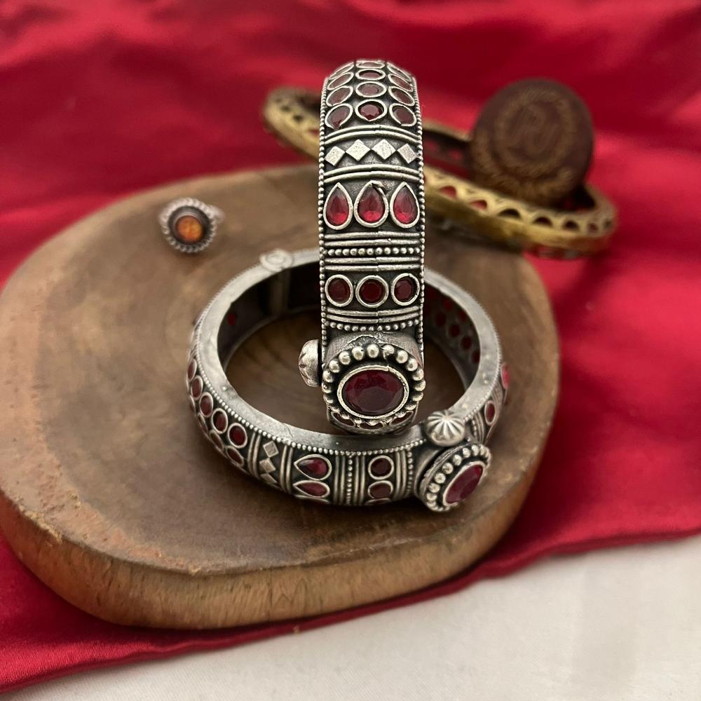 FS Collection Designer Oxidised Plated Pota Stone Openable Bangle Set