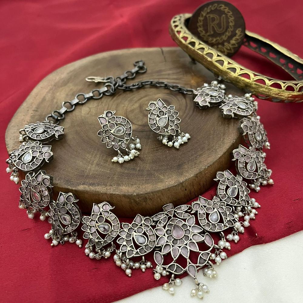 FS Collection Twilight Bloom Oxidised Plated Crystal And Pearl Necklace Set