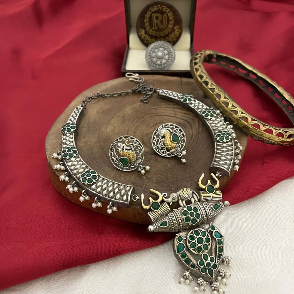 FS Collection Trishul Inspired Oxidised Necklace With Pota Stone And Pearl