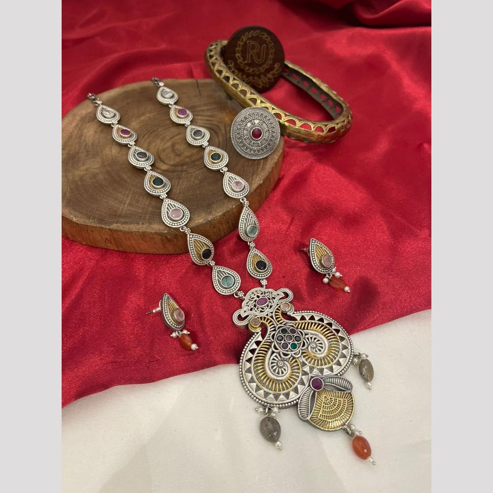 FS Collection Fashion Forward 2Tone Plated Long Necklace Set With Pota Stone