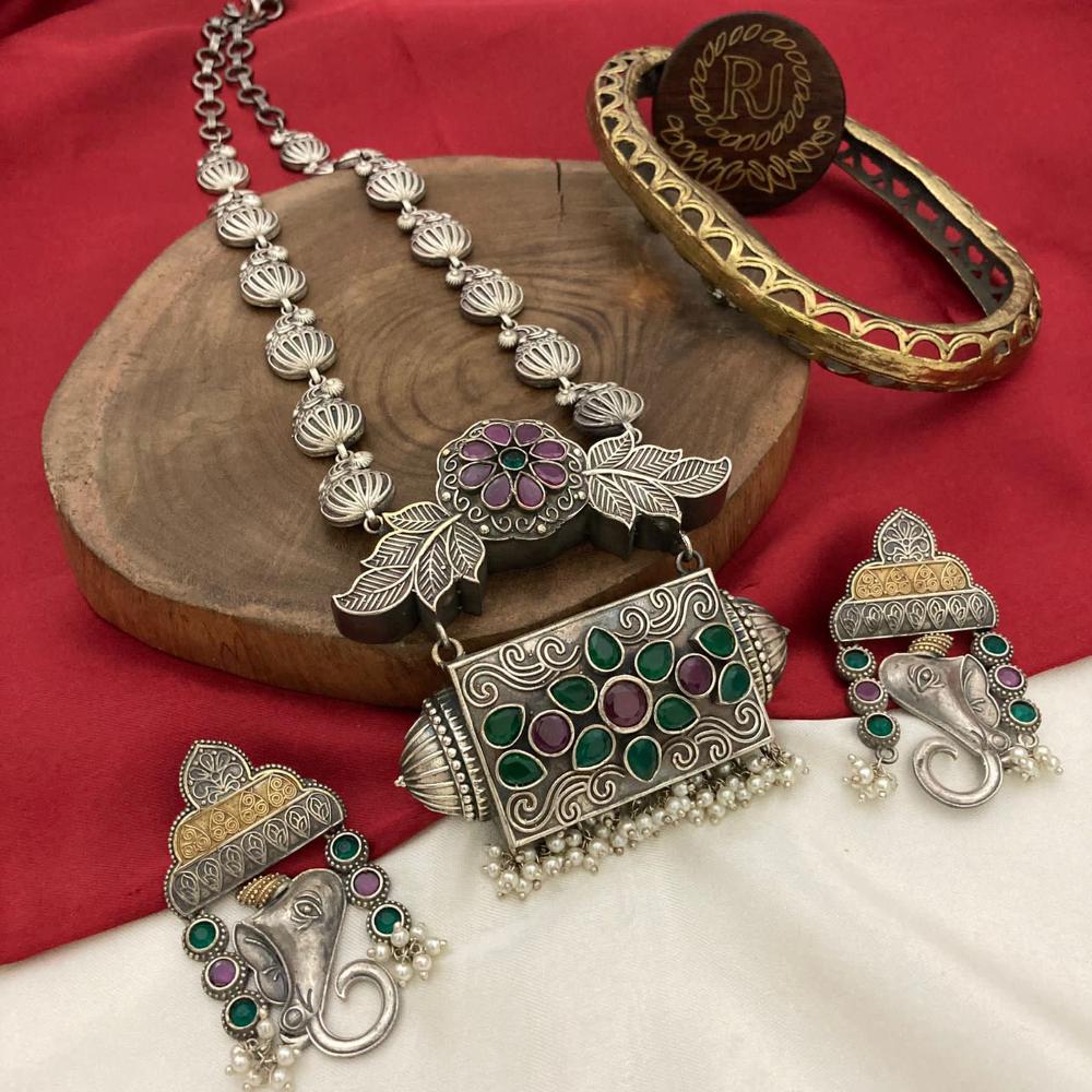 FS Collection Fashion Forward 2Tone Plated Long Necklace Set With Pota Stone