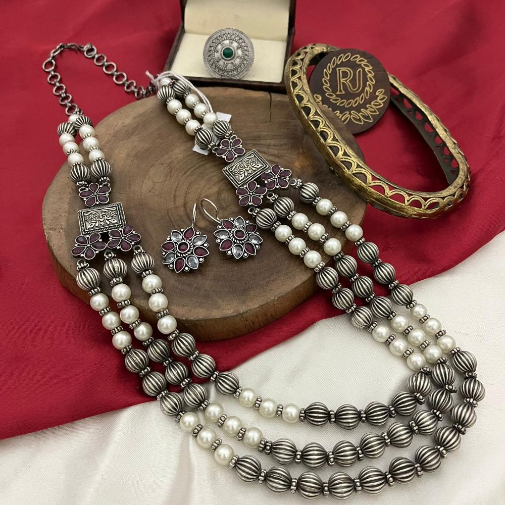 FS Collection Ethnic Oxidised Long Necklace Set Pota And Pearl Fusion For Modern Grace
