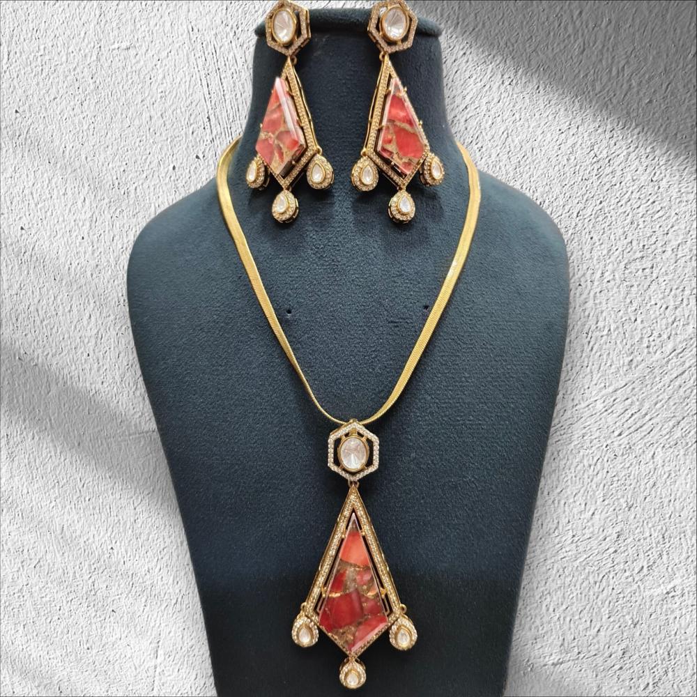 FS Collection Ethnic Gold Plated Druzy Crystal Stone Chain Pendant Set