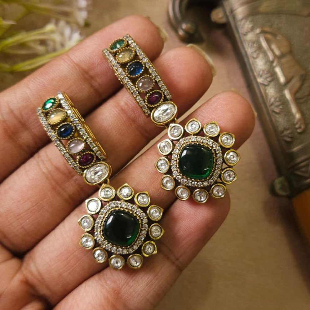 FS Collection Gold Plated Dangler Earrings With Pota Stone Elegant Sparkle For Every Occsions