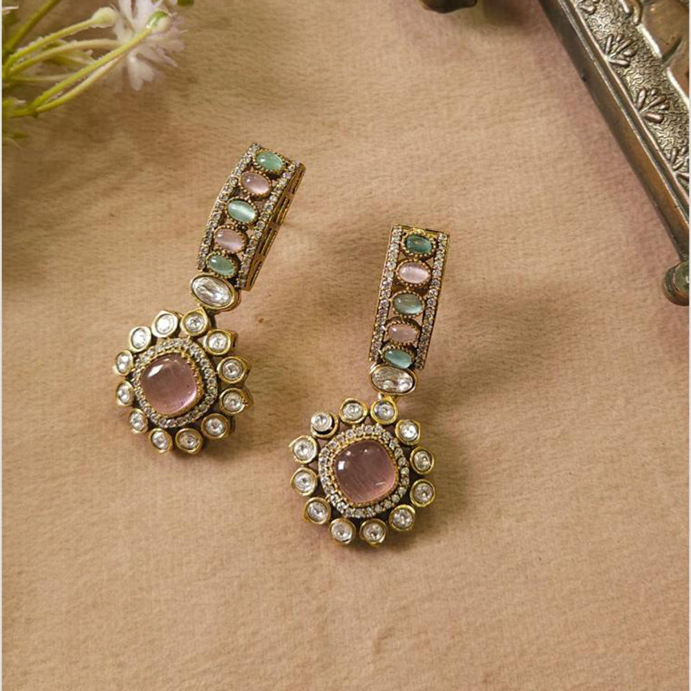 FS Collection Gold Plated Dangler Earrings With Pota Stone Elegant Sparkle For Every Occsions