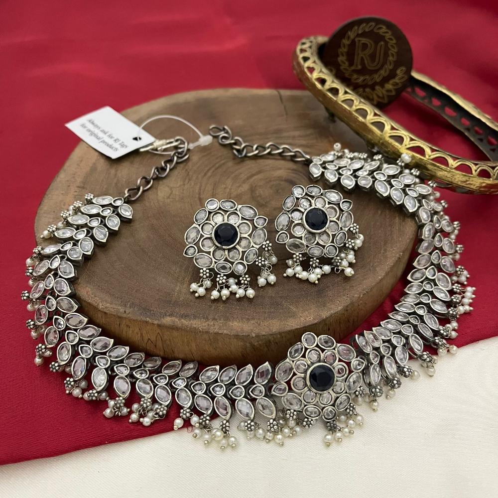 FS Collection Twilight Bloom Oxidised Plated Crystal And Pearl Necklace Set