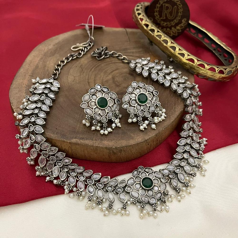 FS Collection Twilight Bloom Oxidised Plated Crystal And Pearl Necklace Set