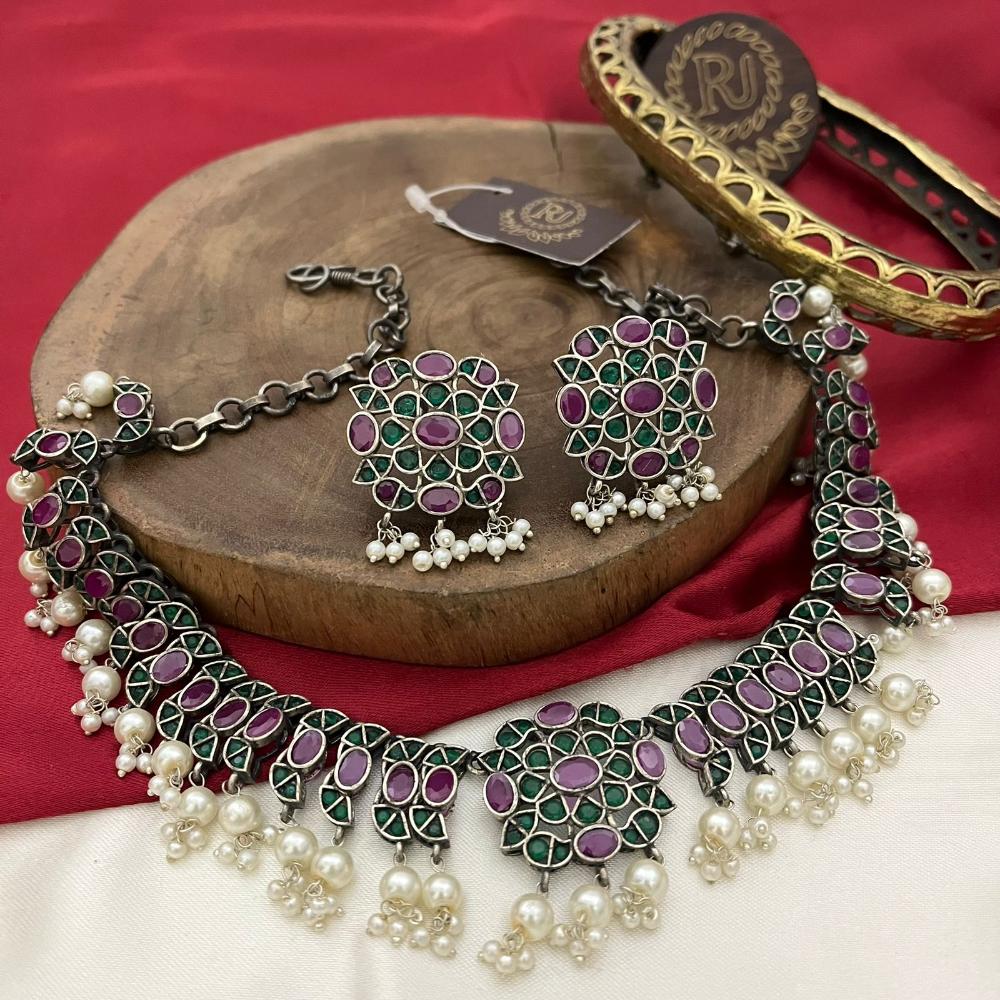 FS Collection Twilight Bloom Oxidised Plated Crystal And Pearl Necklace Set