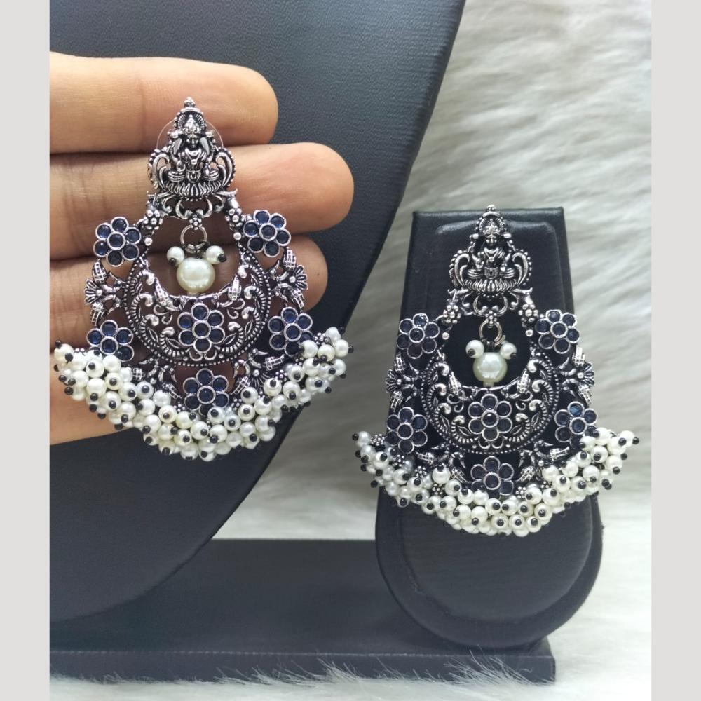 FS Collection Heritage Oxidised Plated Pota Stone And Pearl Temple Earrings