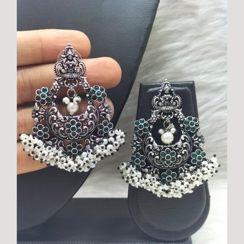 FS Collection Heritage Oxidised Plated Pota Stone And Pearl Temple Earrings