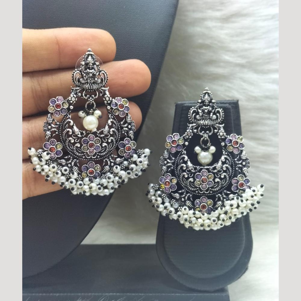 FS Collection Heritage Oxidised Plated Pota Stone And Pearl Temple Earrings