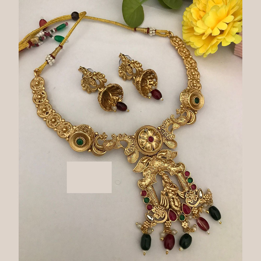 FS Collection Traditional Gold Plated Temple Necklace Set For Wedding Occassions