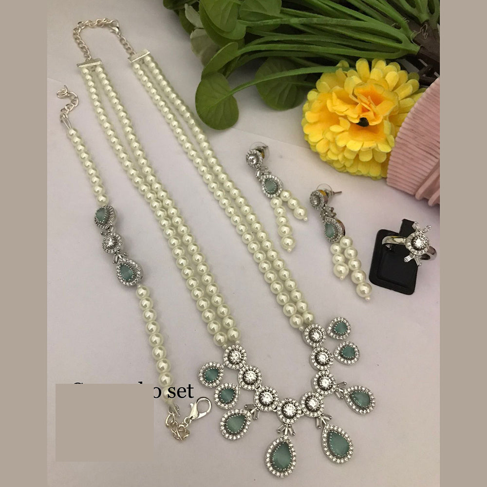 FS Collection Dazzle Bloom Crystal Long Necklace Set with Designer Pearl Embellishments