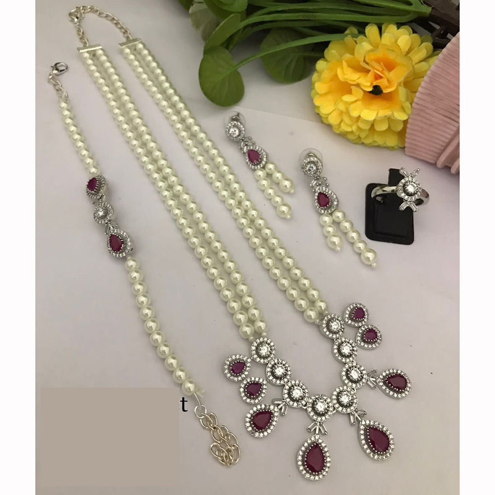 FS Collection Dazzle Bloom Crystal Long Necklace Set with Designer Pearl Embellishments