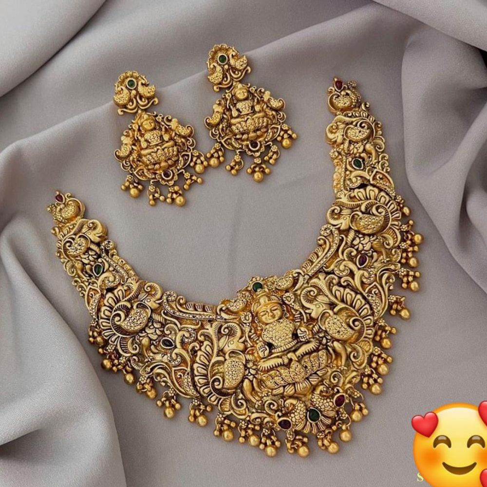 FS Collection Traditional Gold Plated Temple Necklace Set For Wedding Occassions