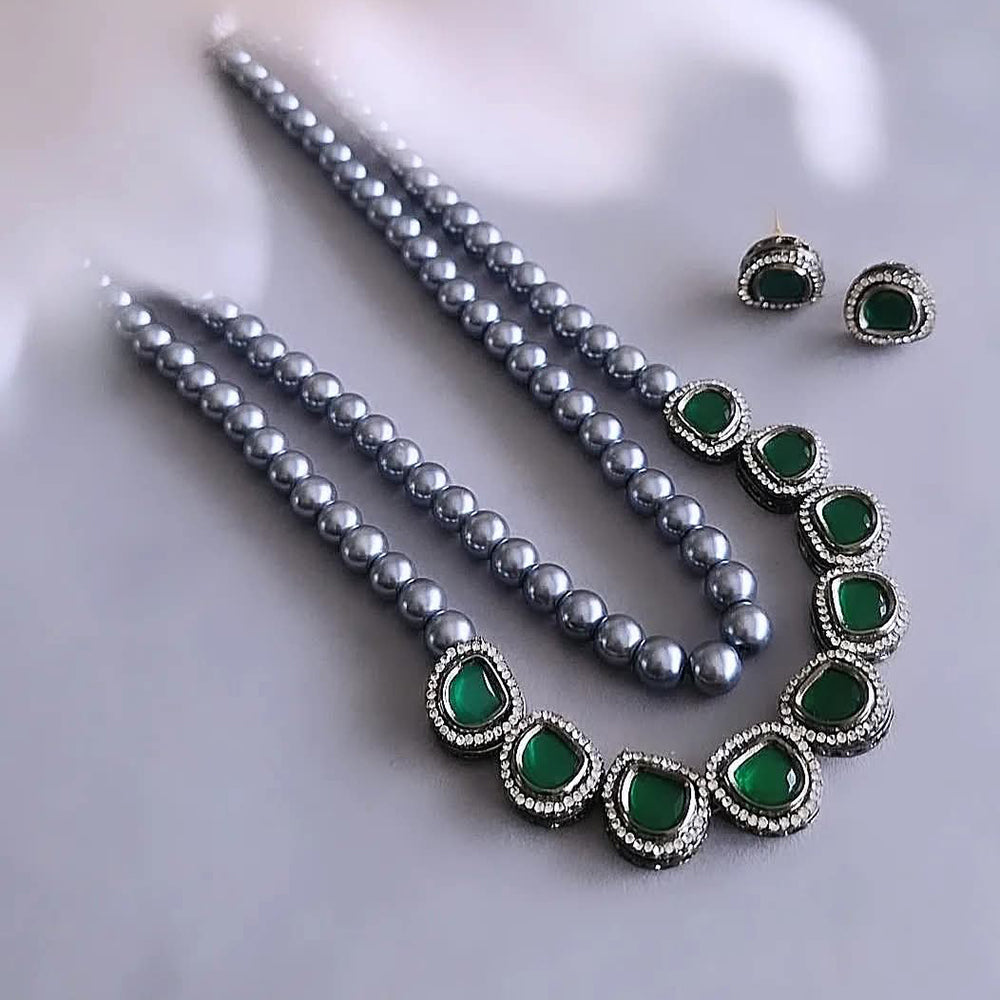 FS Collection Oxidised Plated Luxurious Pota Stone And Austrian Beads Necklace Set