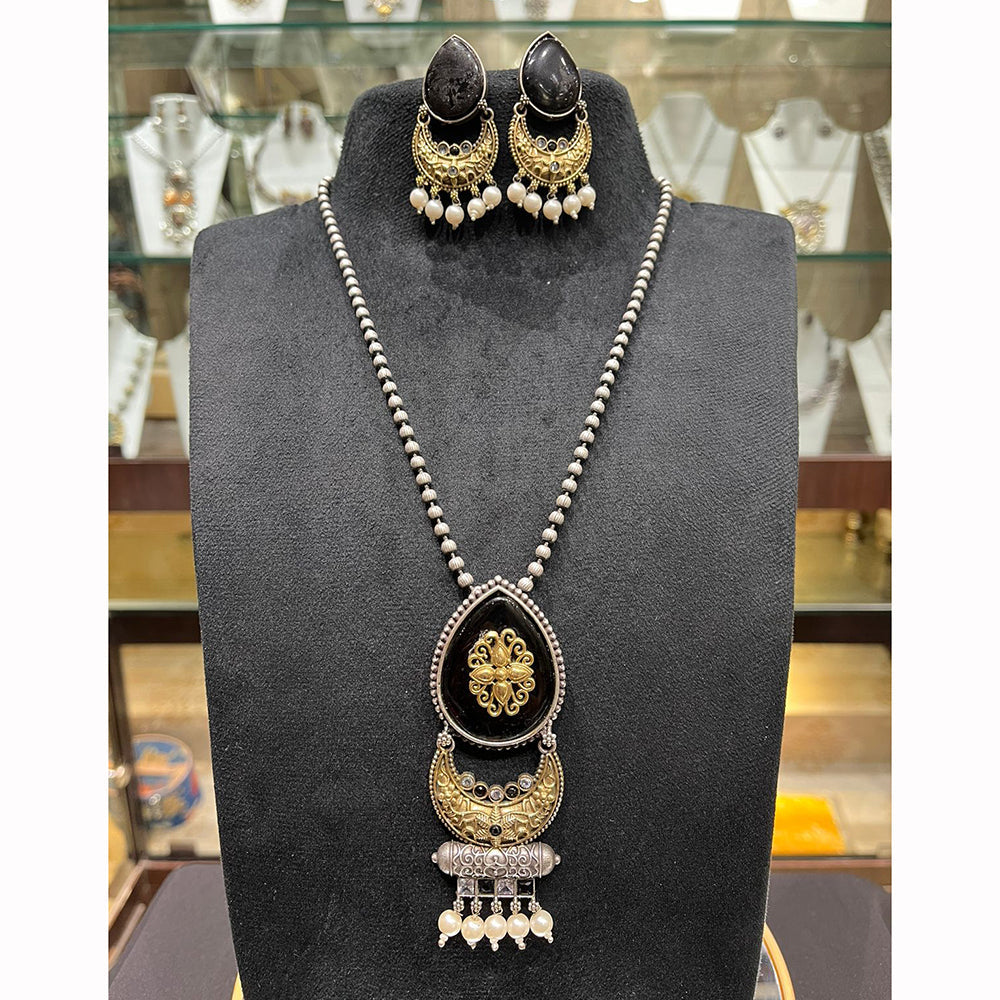 FS Collection Royal 2 Tone Pota Stone And Pearl Long Necklace Set