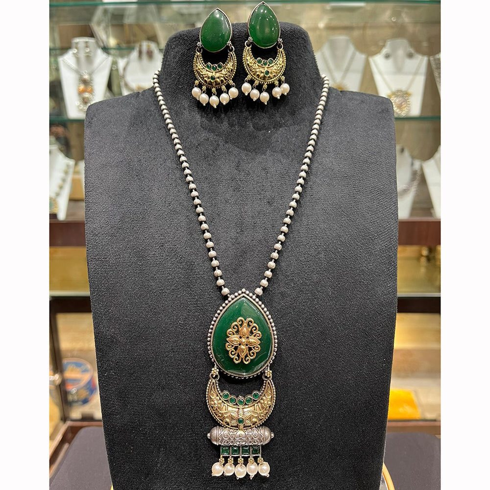 FS Collection Royal 2 Tone Pota Stone And Pearl Long Necklace Set