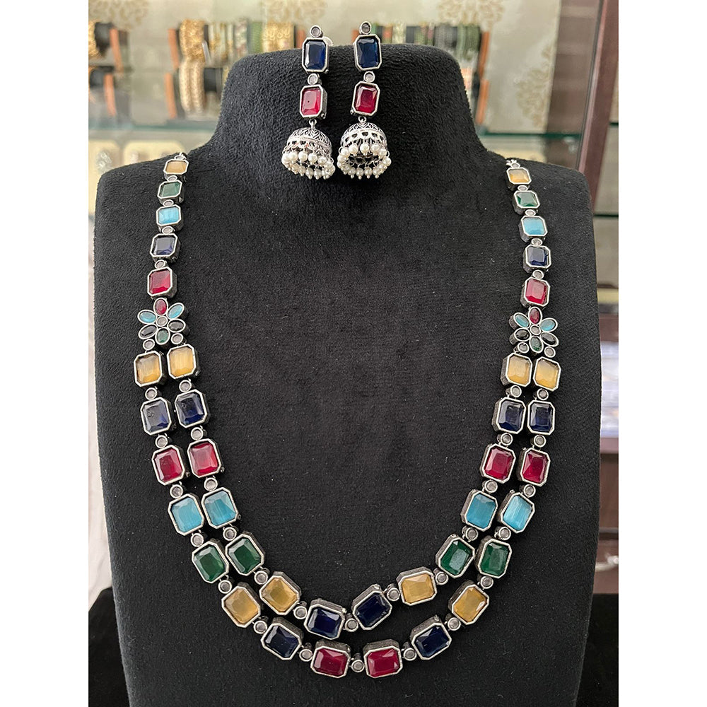 FS Collection Oxidised Royal Pota Stone And Pearl Statement Necklace Set