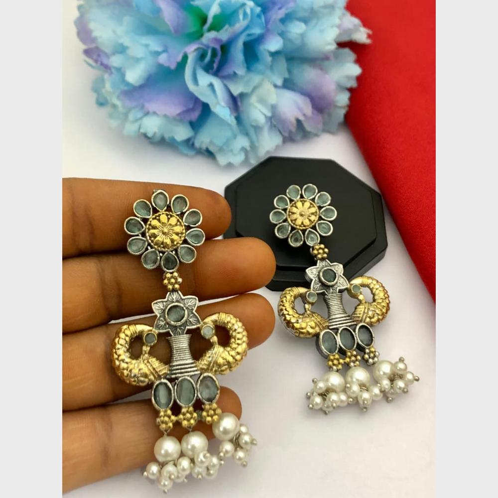 FS Collection 2 Tone Plated Pota Stone And Pearl Dangler Earrings