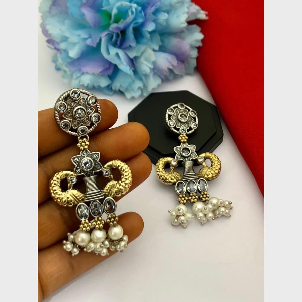 FS Collection 2 Tone Plated Pota Stone And Pearl Dangler Earrings