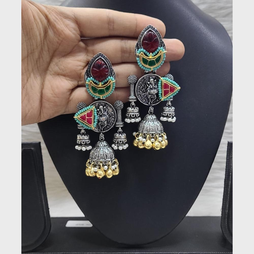 FS Collection 2 Tone Plated Pota Stone And Pearl Jhumki Earrings