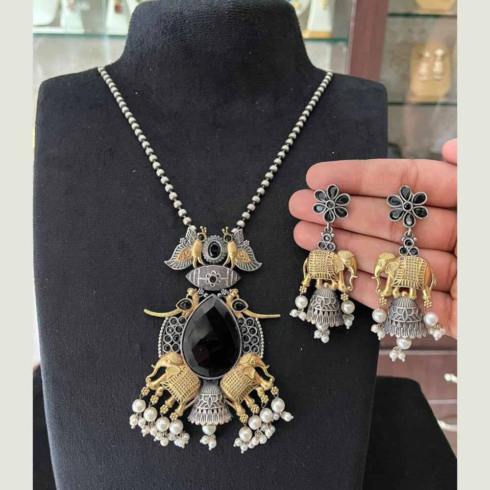 FS Collection 2 Tone Plated Pota Stone And Pearl Elephant Motifs Long Necklace Set