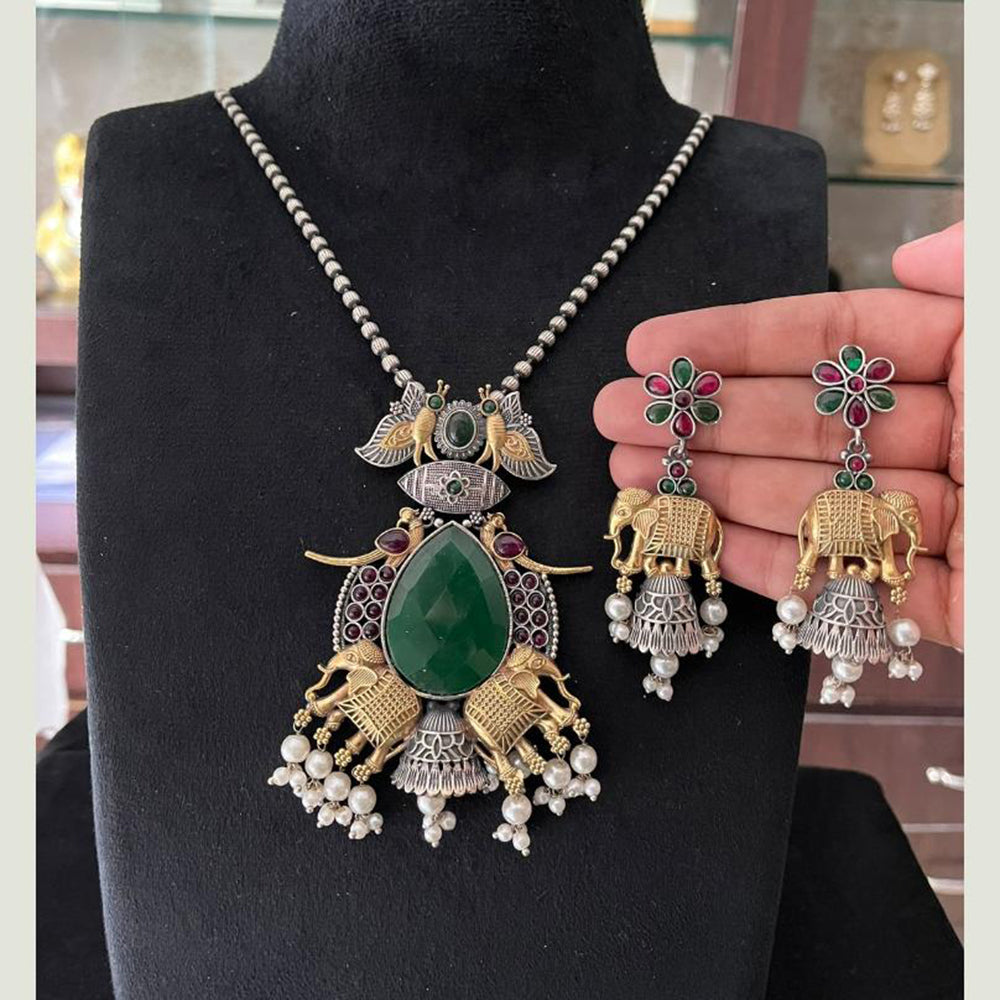 FS Collection 2 Tone Plated Pota Stone And Pearl Elephant Motifs Long Necklace Set