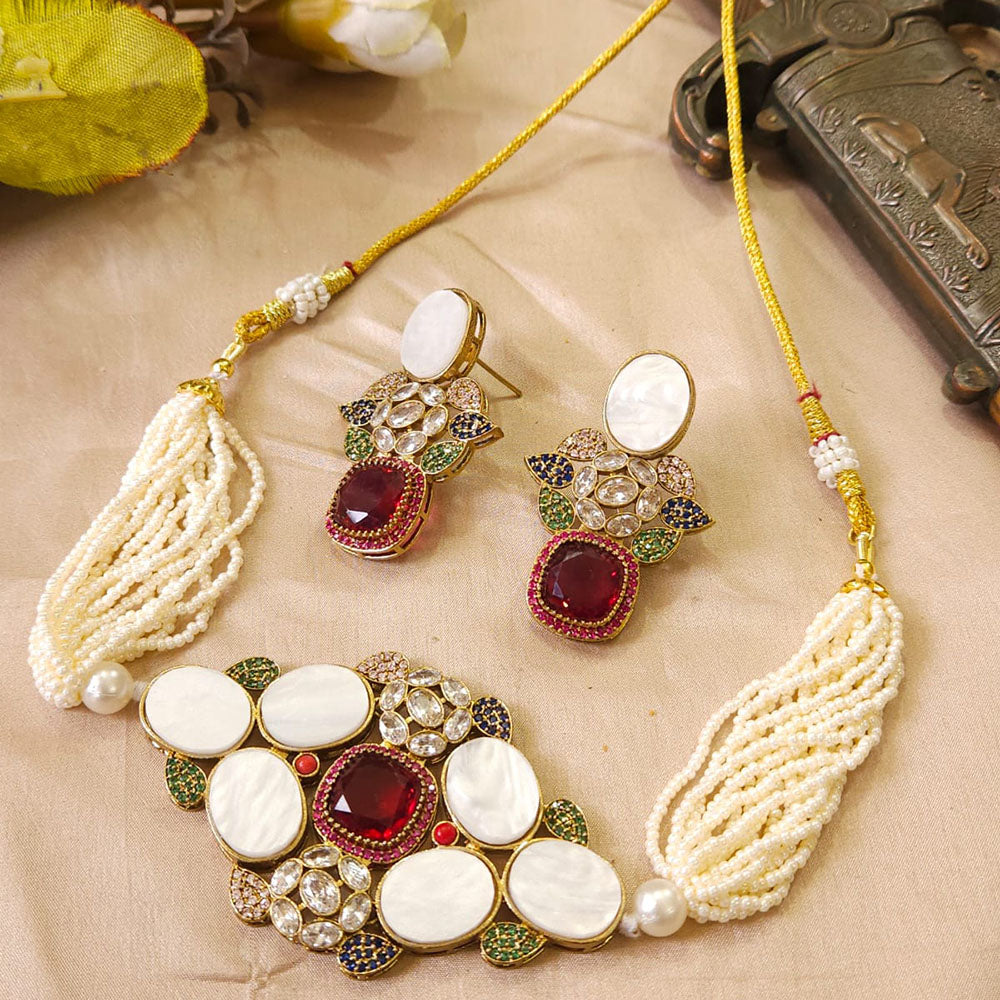 FS Collection Glamorous Pota Stone And Pearl Choker Necklace Set