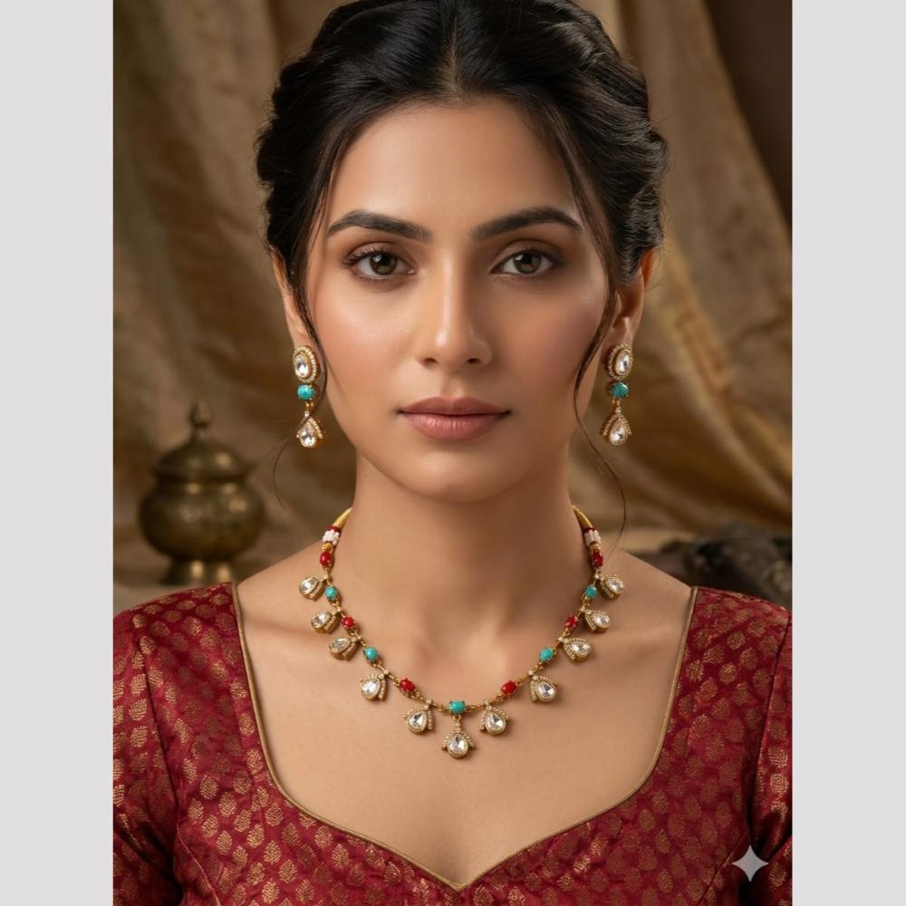 FS Collection Royal Polki Kundan Stone And Pota Stone Necklace Set