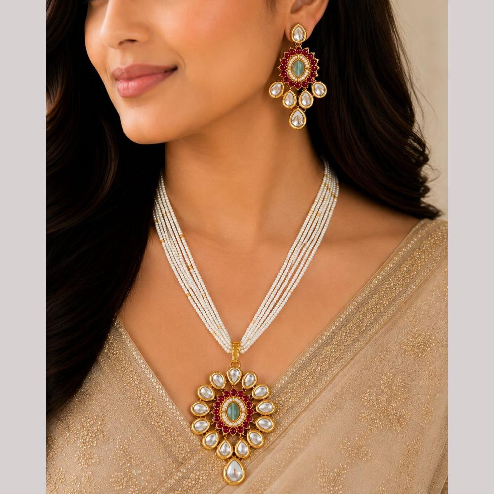 FS Collection Ethnic Gold Plated Kundan Stone And Pearl Chain Pendant Set