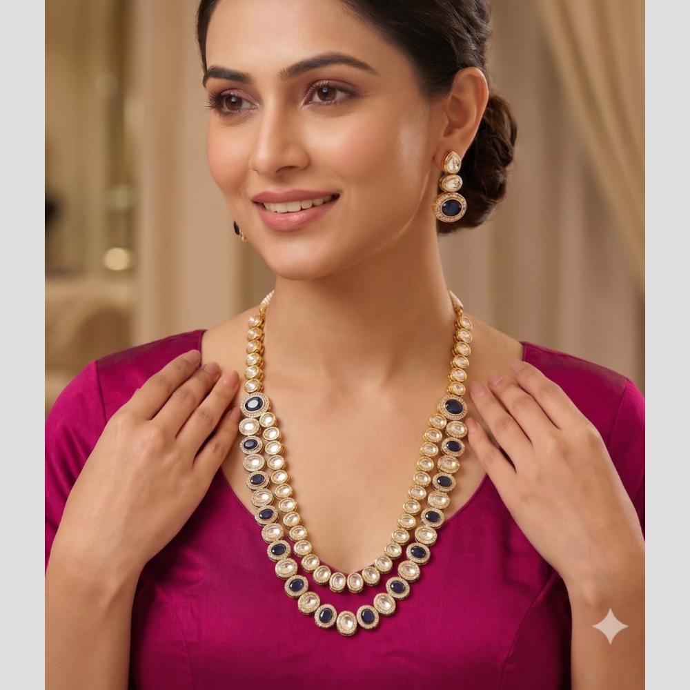 FS Collection Designer Pota Stone And Kundan Stone Long Neckalce Set