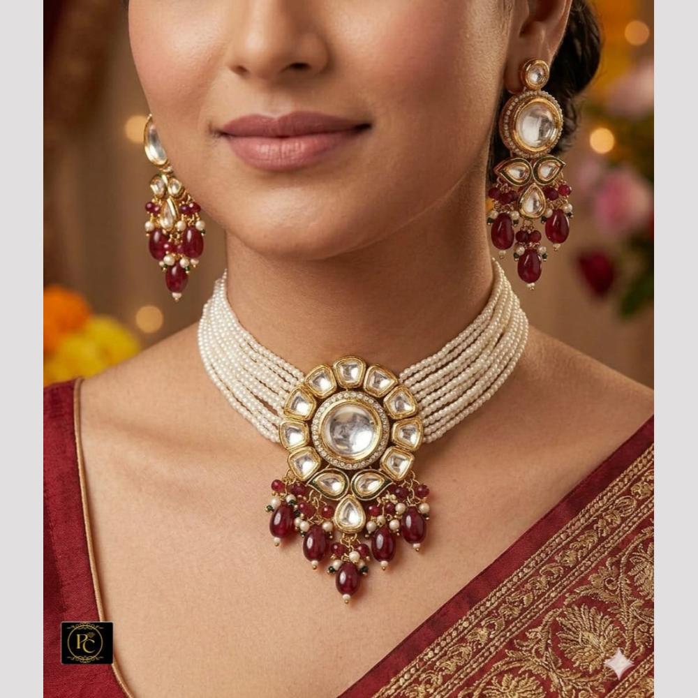 FS Collection Elegant Kundan Stone And Beads Choker Necklace Set