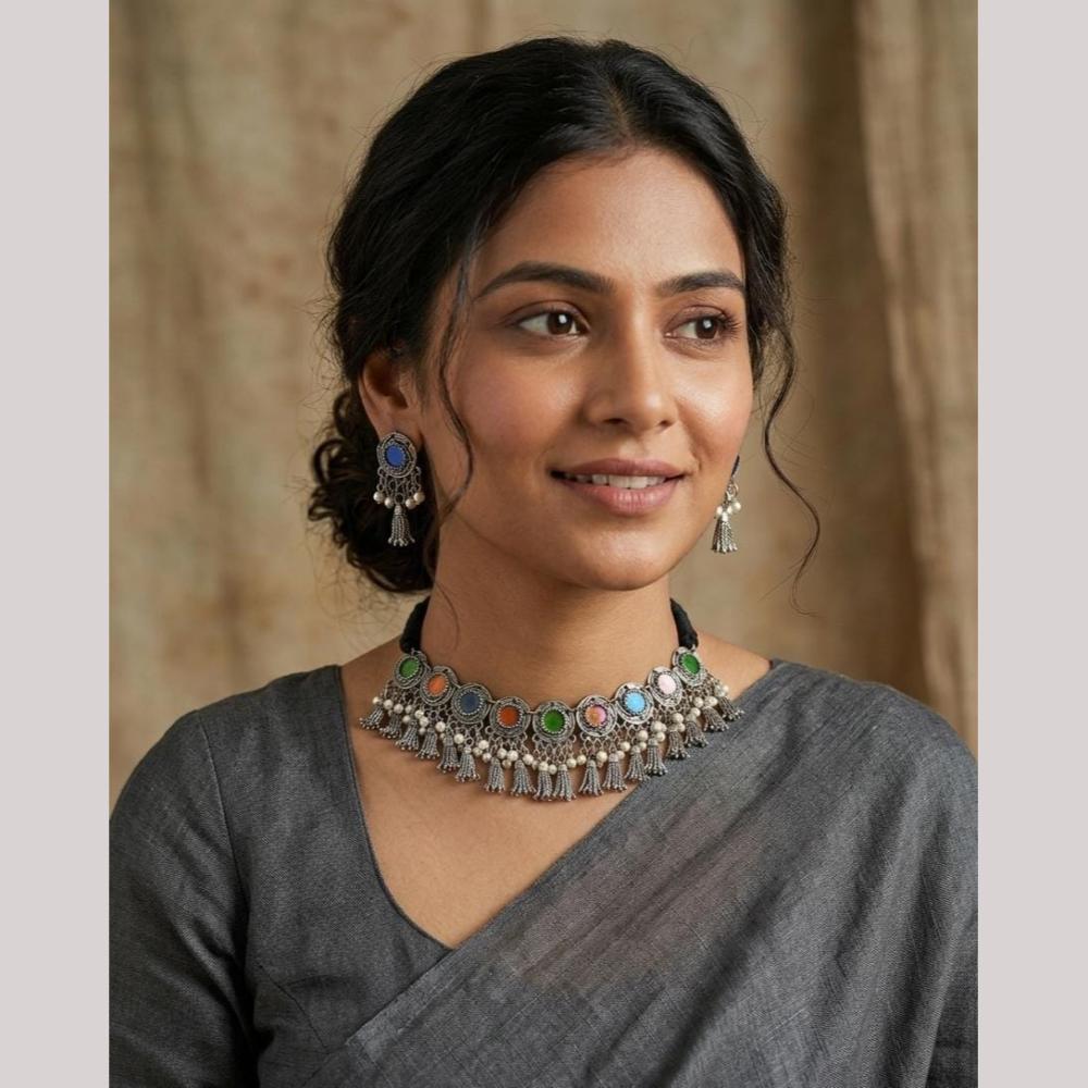 FS Collection Vintage Oxidised Plated Pota Stone Necklace Set for Women & Girls